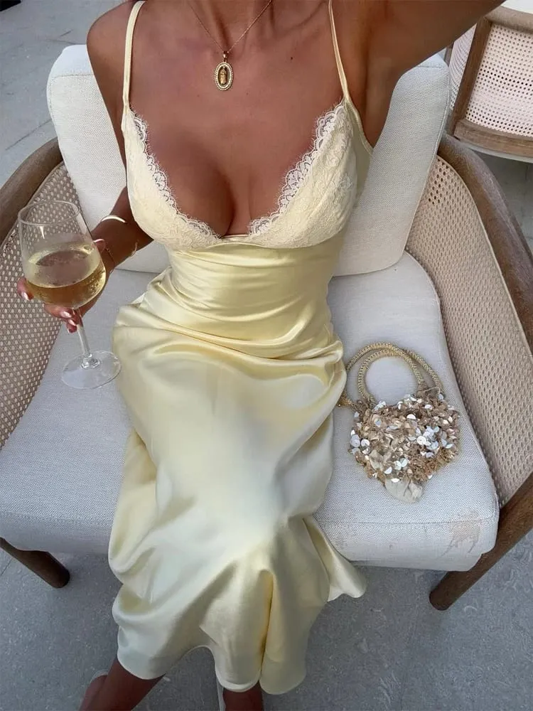 Yellow Satin Lace Dress Women Sexy V-neck Sleeveless High Waist Slim Suspenders Maxi Dresses 2026 Summer Lady Dinner Party Gown — image 6