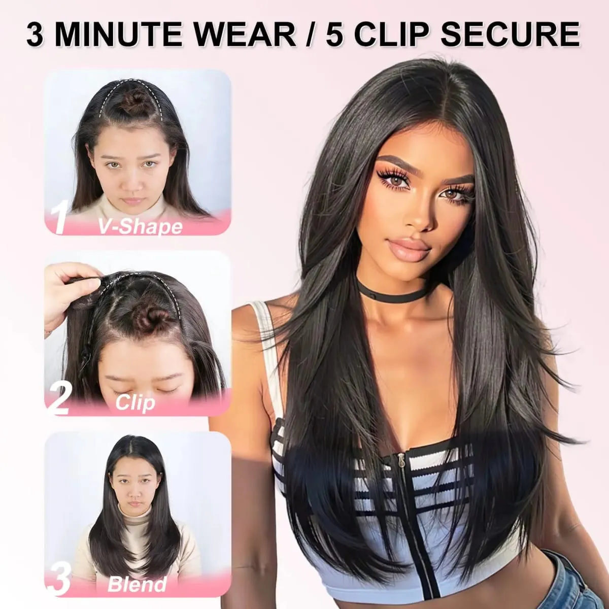 Black Clip in Hair Extensions for Women Long Straight Layered Synthetic Hair with 5 Clip One-Piece Design Soft & Face Framing 2 — image 3