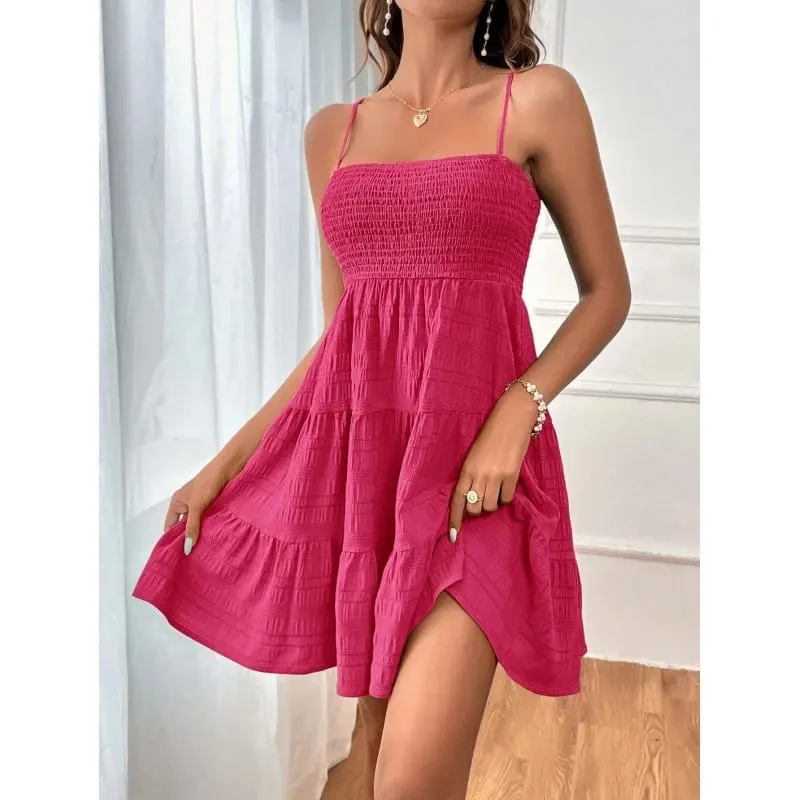Women's Fashion Spaghetti Strap Smocked Bustier Mini Dress Blue Ruffled Tiered Swing Dress Summer Casual Vacation Beach Wear — image 13