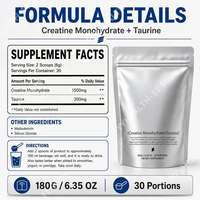 Creatine Monohydrate + Taurine Powder for Daily Sports Physical State Support Fine Quick Dissolving Mix 180g (30 Portions)