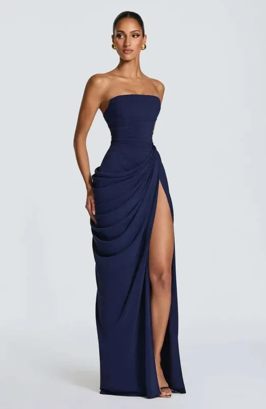 Elegant Solid Pleated Strapless Maxi Dress Yellow Off-shoulder Backless High Waist Split Robe 2026 New Lady Evening Party Gown