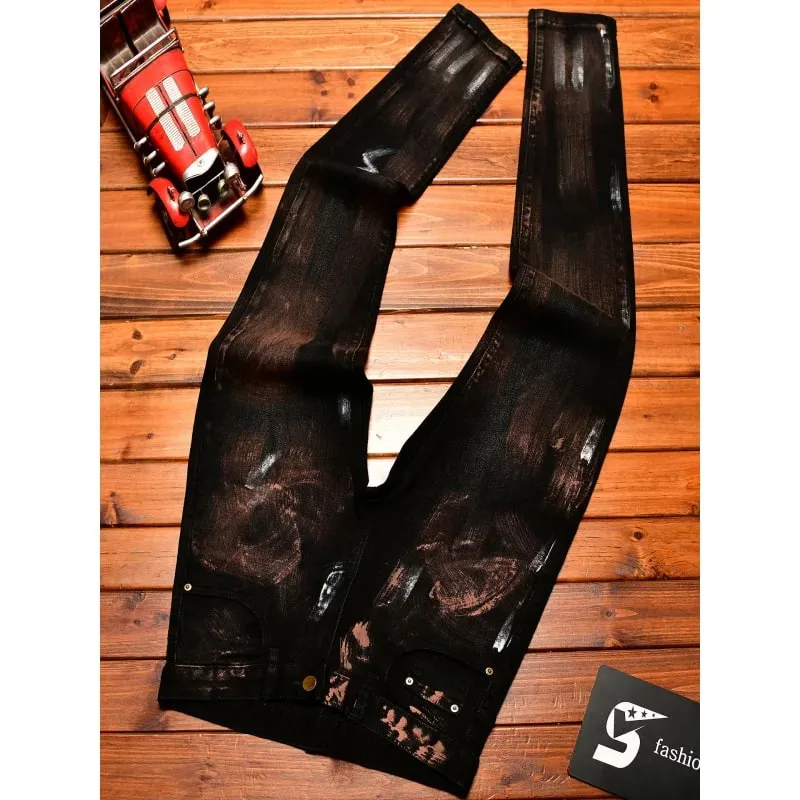 Jeans Hitam Musim Gugur 2025 Pakaian Pria Jalanan Gambar Grafiti Inkjet Pria Celana Denim Retro Kelas Atas Tren Nostalgia