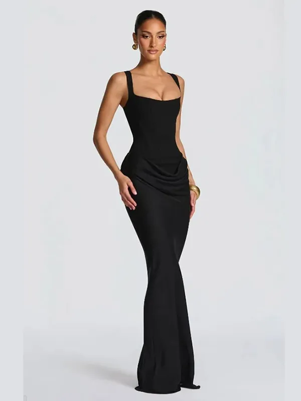 Ruched Waist Satin Long Dress Solid Bodycon Sleeveless Cowl Neck Fishtail Women Dresses 2026 Summer Lady Formal Evening Gowns