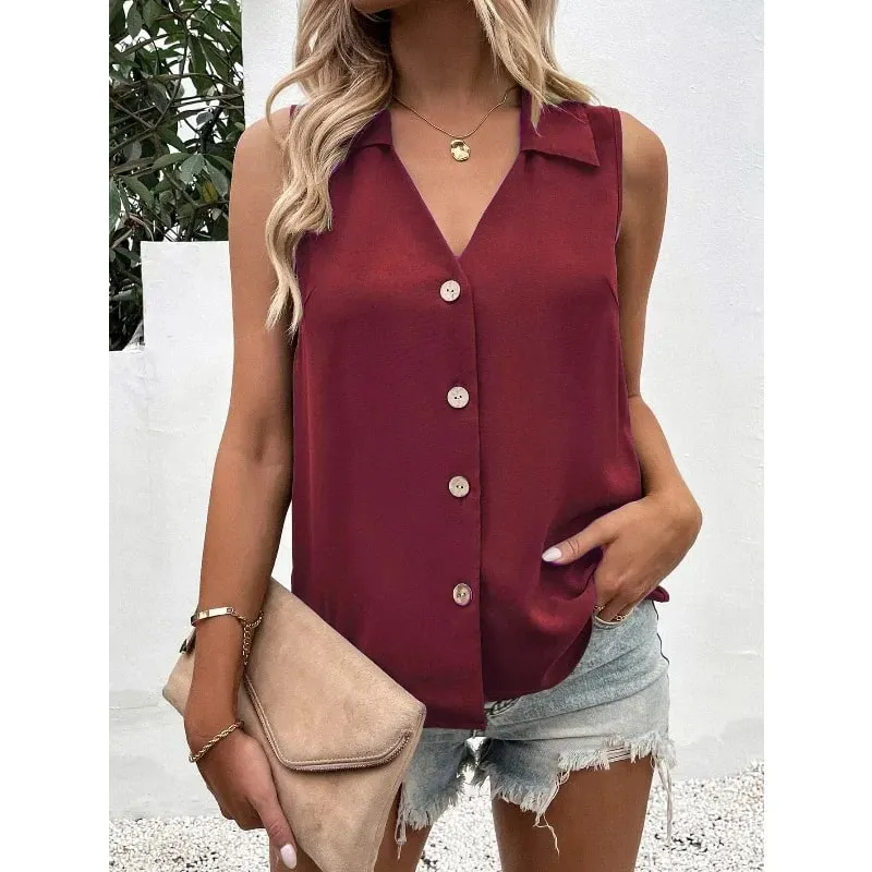 Women's V-Neck Button Chiffon Blouse Summer Lightweight Loose Casual Sleeveless Top Office Lady Solid Color Basic Vest — image 6