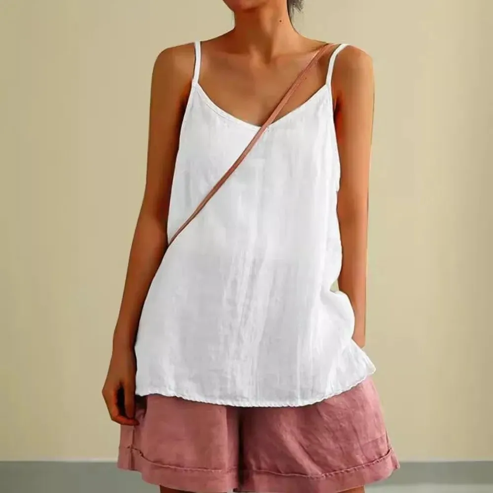 Basic Cotton Linen Spaghetti Strap Top V Neck Sleeveless Sleeveless Tank Top Loose Fit Breathable Camis Top Summer Wear — image 7