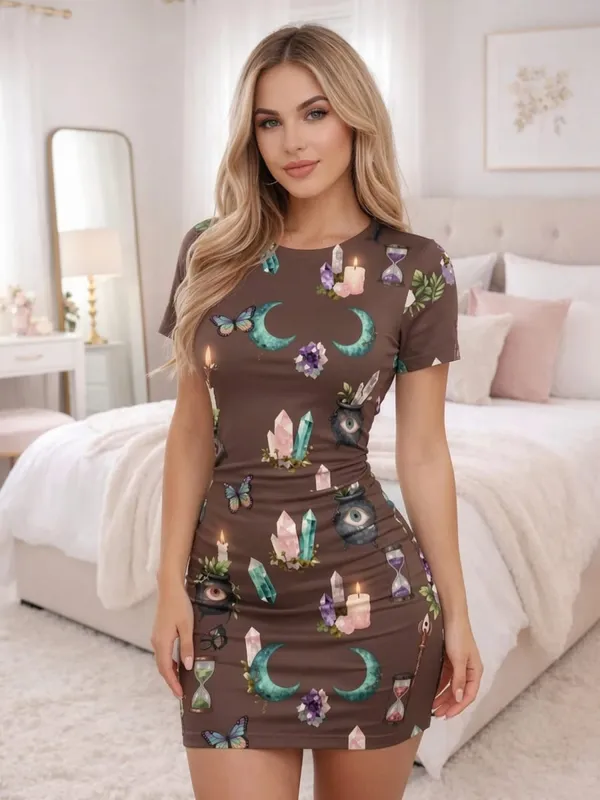 Womens Short Sleeve Bodycon Mini Dress Slim Fit Crew Neck Floral Print Casual Summer Party Cute Modern Holiday Clubwear Sundress — image 9