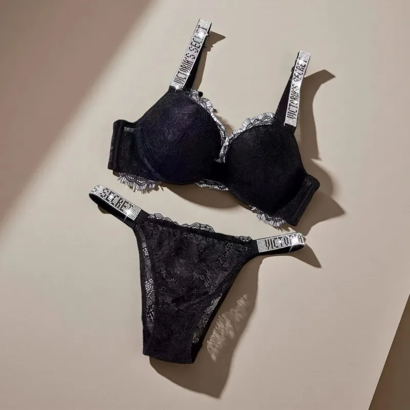 Victoria's Secret Sexy Lace Trim Pattern Breathable Gathered Padded New Soft Bra and Panty Set Classic Women's Lingerie Set