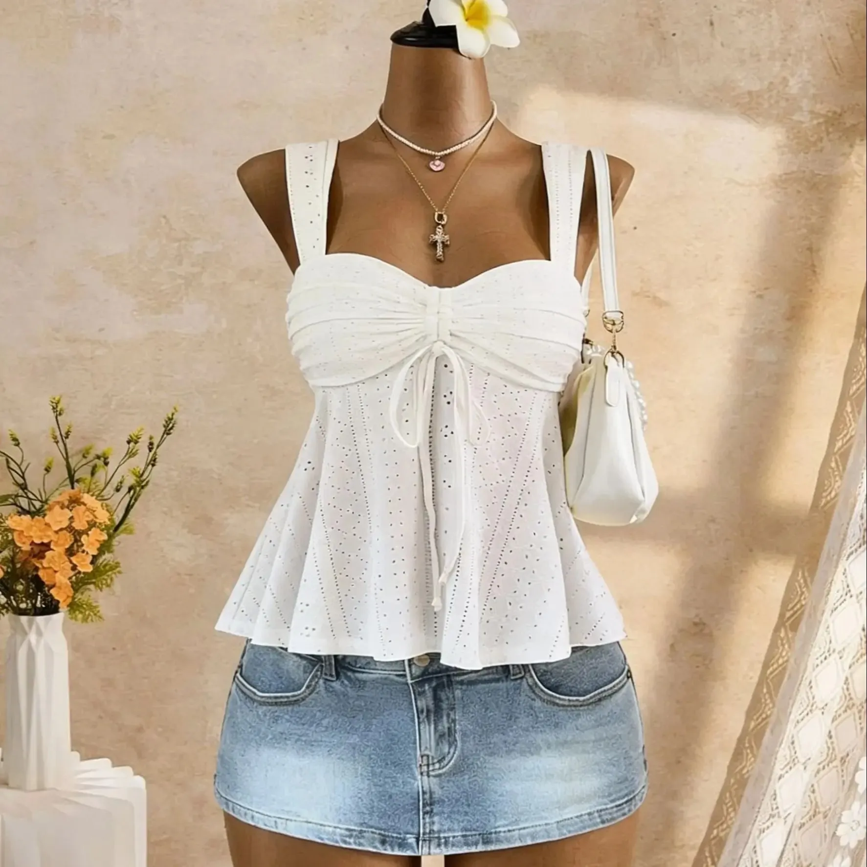 Women Sweetheart Neck Drawstring Ruched Peplum Cami Top Polka Dot Print Sleeveless Casual Camisole Outfit — image 17
