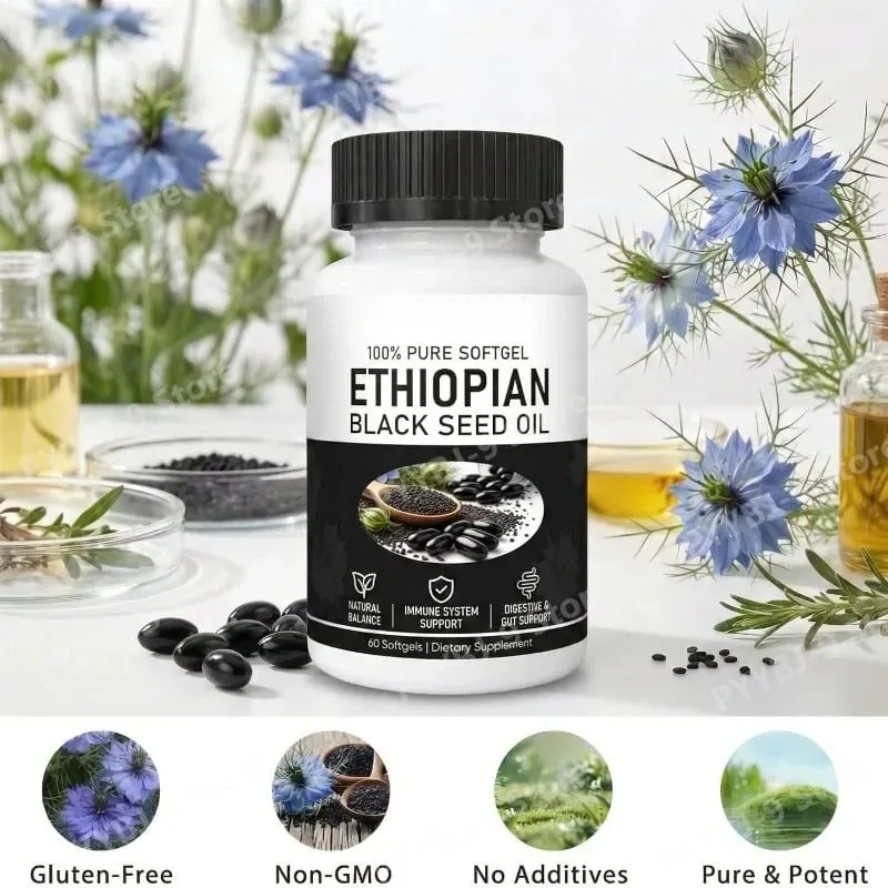 Kapsul Gel Lunak Minyak Habbatus Sauda Ethiopia 800Mg Kapsul Ekstrak Herbal Perasan Dingin Dukungan Keseimbangan Kesehatan Harian Non GMO 60 Hitungan