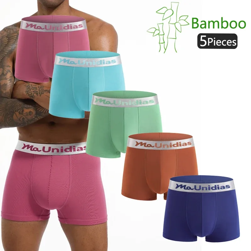5Pcs Bamboo Fiber Men Underpants Maunidias Boxer Briefs Letter Elastic Waistband Underwear Mens Boxers Solid Color Men's Panties — image 8