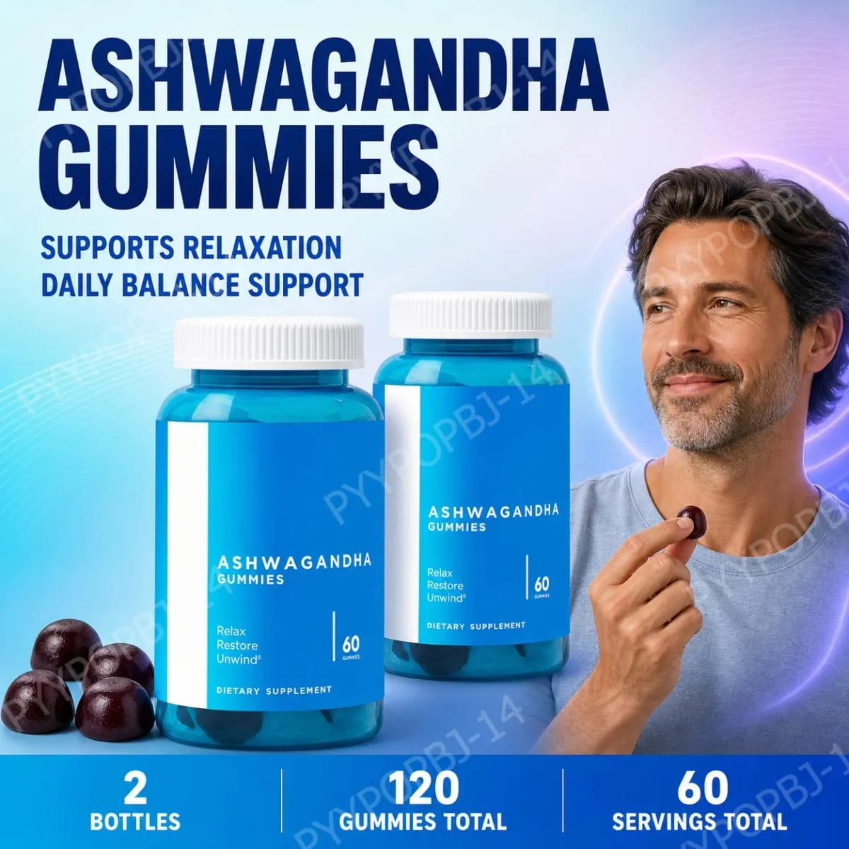 3-Pack Gummies Set: Ashwagandha for Stress Relief Gut Health Probiotics + ACV Detox Vegan Gluten-Free Supplement 60 Ct Each — image 1
