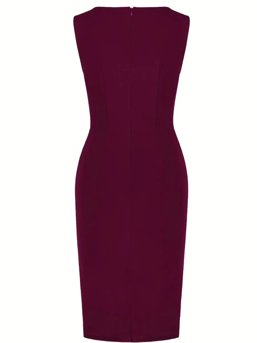 Women Elegant Round Neck Sleeveless Vintage Slim Work Office Cocktail Party Business Ruffle Casual Sheath Bodycon Pencil Dress