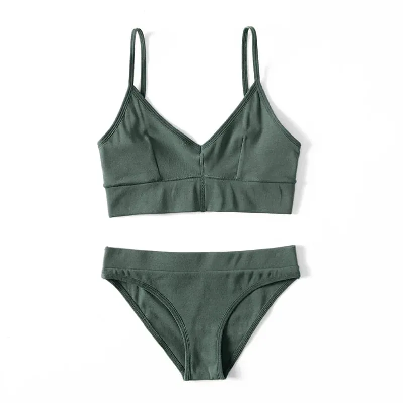 Solid Color Women Underwear Set Thin Strap V Neck Bra Briefs Soft Stretch Lingerie Sleep Outfit