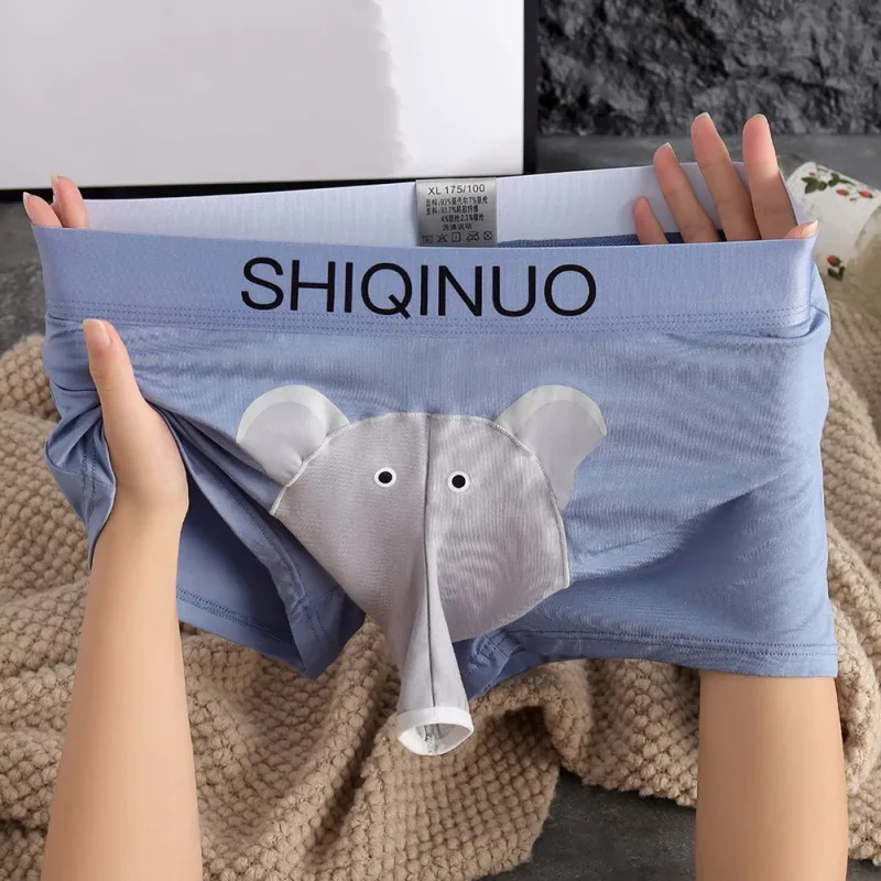 Herren-Boxershorts mit süßem Elefantenmuster, elastisch, mit Buchstaben-Taille, 3D-Beutel, weich, atmungsaktiv, für den täglichen Schlaf, zu Hause, lässig, bequem, Unterwäsche