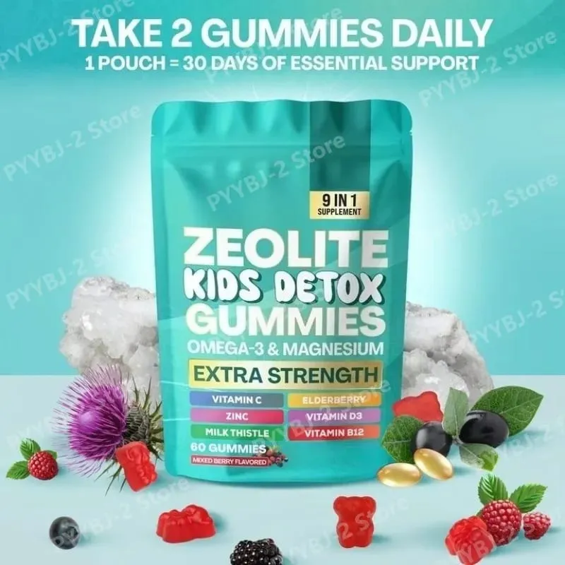 Zeolith-Gummis, 60 Stück, enthalten Multivitamin Omega-3, Magnesium und Holunder, unterstützen die Entgiftung und die Gesundheit des Immunsystems