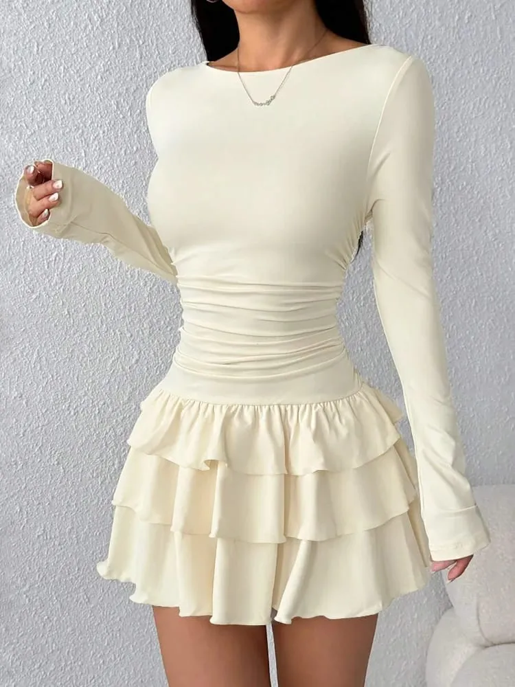 Autumn Winter Solid Color Slim Fit Cascading Ruffles Mini Dress Women Elegant Flare Sleeve High Waist Sexy Party Bodycon Dresses — image 2