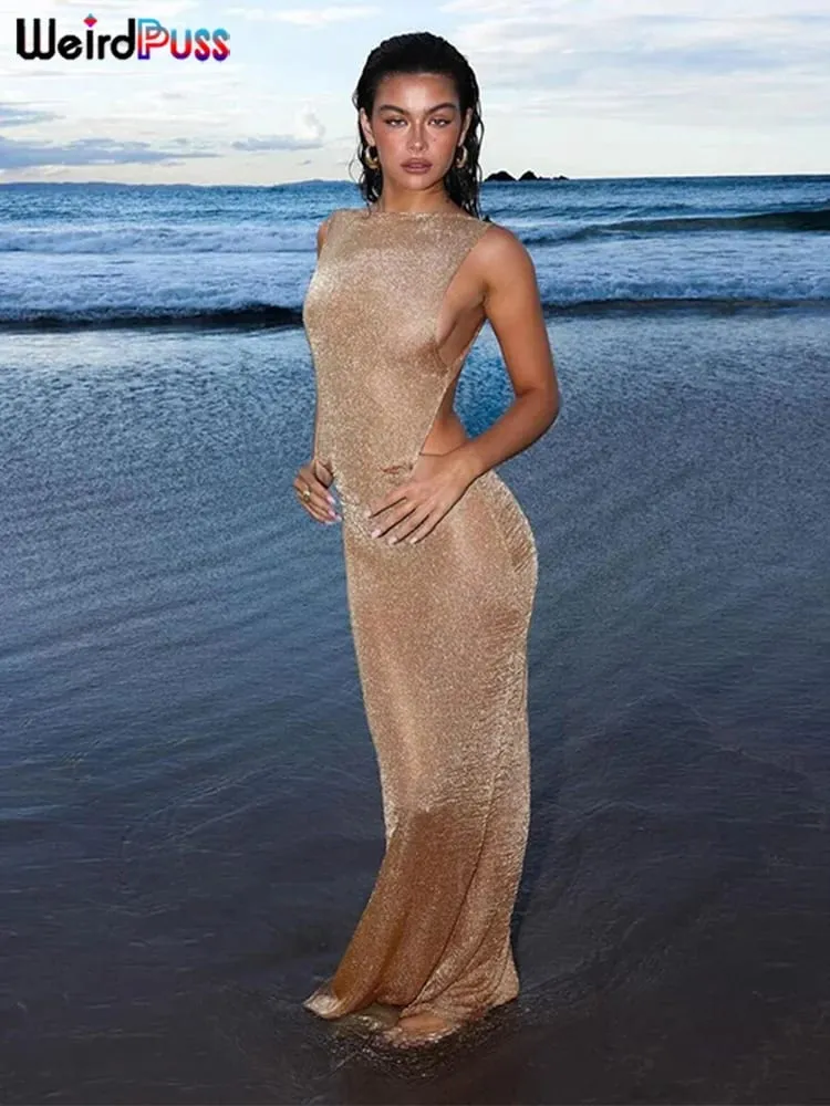 奇妙な小娘シースルードレス女性 2024 夏薄いノースリーブグリッター分割コケット背中の開いたクラブウェアビーチセクシーな Vestidos — image 6