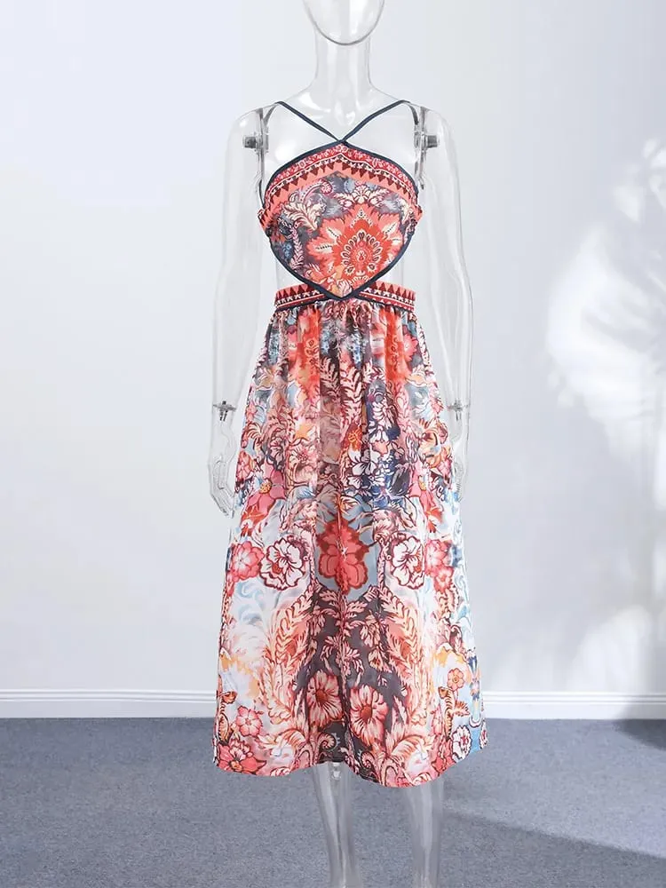 Women Printed V Neck Long Dress Flared Sleeve Lotus Leaf Edge High Waist Slim Fit Maxi Dresses Lady Elegant Evening Party Dress — image 7