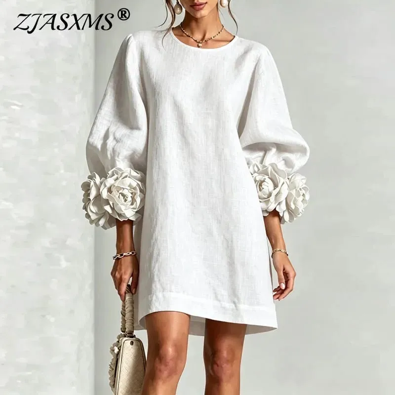Women Solid Mini Dress Round Neck Puff Sleeve 3D Flower Cuff Loose Shift Dress Elegant Vacation Party Daily Casual Short Dresses