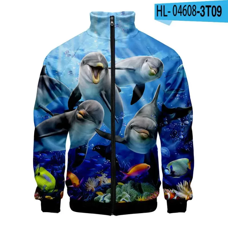 Harajuku Popular Novelty dolphin 3D Print Zipper Raglan Jacket Windbreaker Boys/Girls Comfortable Stand Collar Jackets Coats