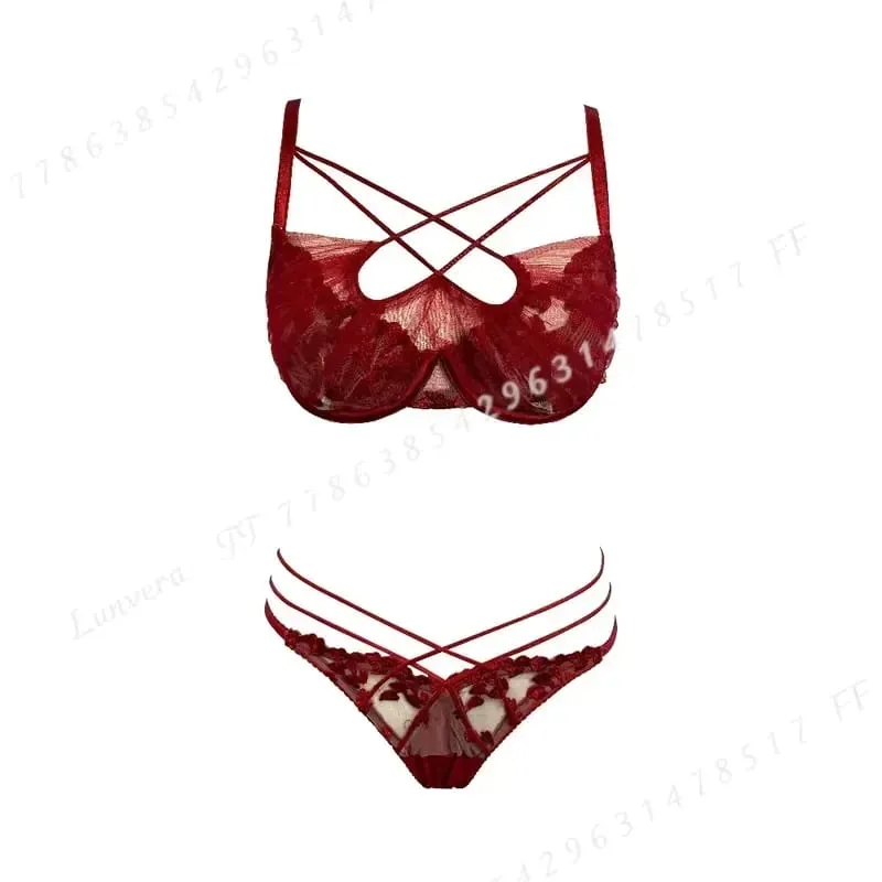 Summer Lace Embroidery Cross Tie Lingerie Set Sheer Mesh Push Up Bra Comfortable Daily Wear Underwear for Women Size 32-38 — image 1