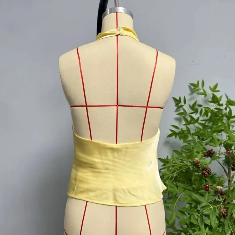 Women's Satin Halter Neck Sleeveless Top Summer Elegant Draped Collar Blouse Smooth Chic Office Party Wear Evening Outings