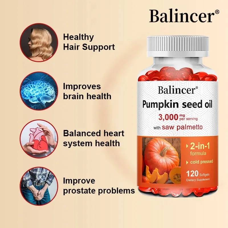Pumpkin Seed Oil 3 000mg with Saw Palmetto Softgels - Dietary Supplements for Heart Brain Hair & Bladder Health
