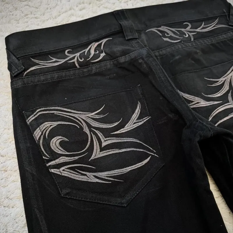 Vintage X Rayแว็กซ์Tribalเย็บปักถักร้อยผู้ชายFlaredกางเกงยีนส์Gothic High Street Unisex Punk Slim Fitกางเกงยีนส์Y2K Baggyกางเกงยีนส์Flared