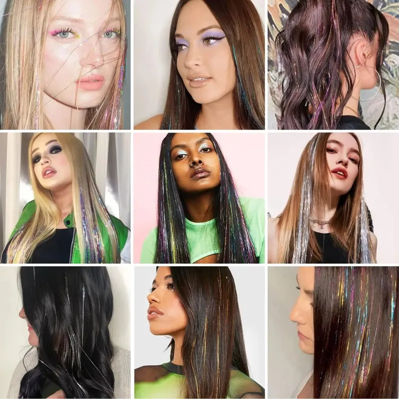 6Pcs 50cm Sparking Shiny Hair Tinsel Hair Extensions Tinsel Synthetic Hair Clip Extensions Women for Braiding Headdress — image 7
