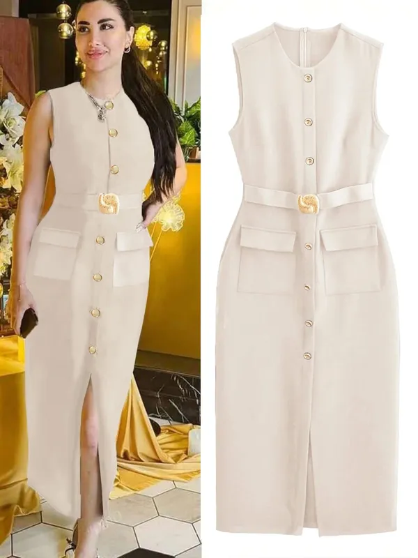 Sleeveless Button Down Ashirtdress with Belt Solid Color Front Slit Elegant for Office Party Dresses Luxury 2025 Ashirtwaister