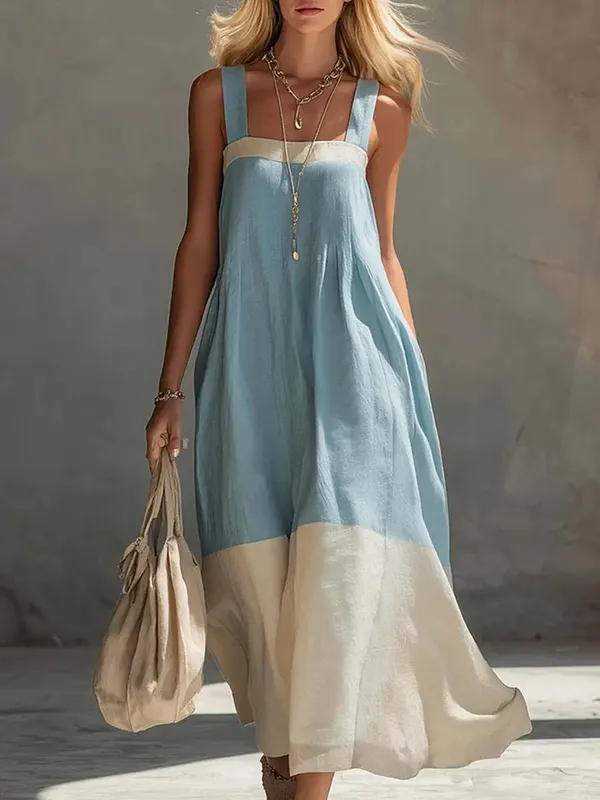 Women Color Block Sleeveless Maxi Dress Spaghetti Strap Loose Flowy Tiered Casual Sundress for Beach Vacation and Resort Wear
