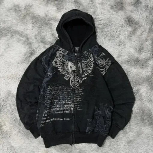 American Retro Rock Gothic Graphic Fur Collar Loose Zipper Sweatshirt Men's Y2K New Harajuku Punk Casual Joker Hoodie Streetwear