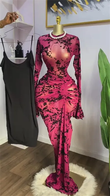 CM.YAYA Women Long Sleeve Stacked Mesh See Though with Lining Bodycon Long Dress 2025 Autumn Evening Birthday Sexy Party Dresses — image 7