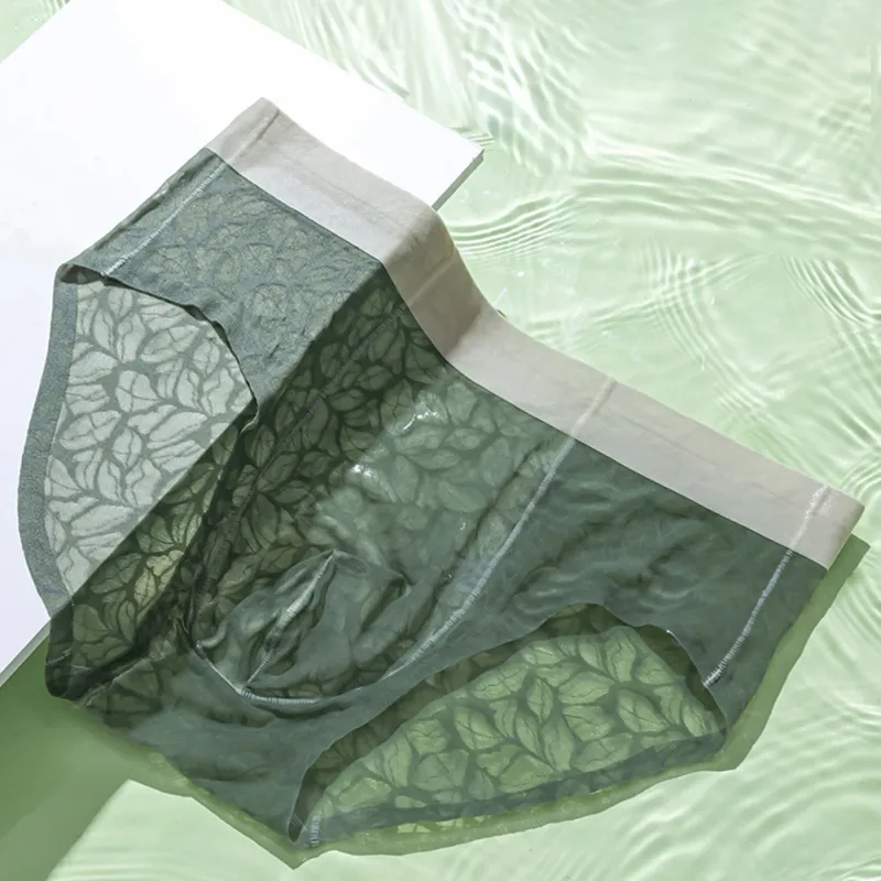 Homens de seda gelo ultra-fino breve roupa interior sem costura renda jacquard respirável pantie 3d bulge bolsa lingerie de malha transparente — image 12