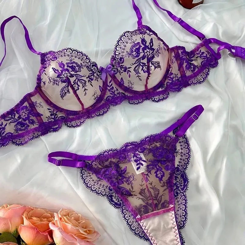 Lace Embroidery Ultra Thin Cup Bra Set Sheer Mesh Sleepwear for Big Bust Women S-XL Push Up Hot Sale 2026 32-38 S-XL Bra Set