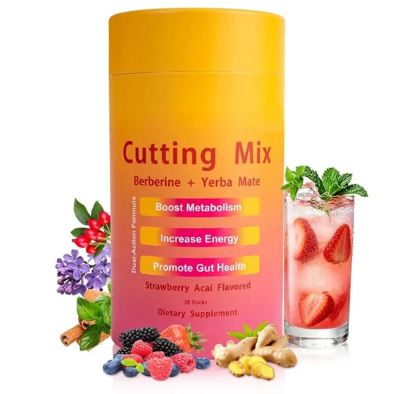 Berberine Yerba Mate Drink Mix Cutting Metabolism & Energy Support Strawberry Acai Flavor Gut Wellness 30 Stick Packs 180g