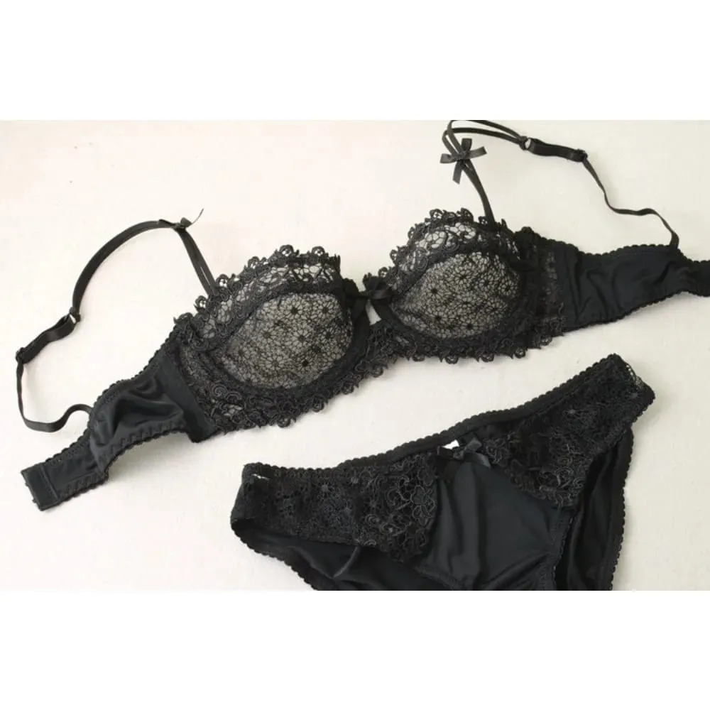 Summer White Lace Bra Lingerie Set Ultra Thin Breathable Sheer Mesh Sexy Deep V Push Up Wireless Women Underwear Suit