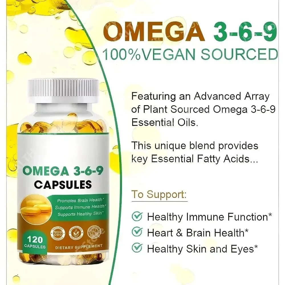 Plant-Based Omega 3-6-9 Softgels Natural Dietary Supplement Supports Skin Eye & Overall Health 100% Vegan Sourced 120 Softgels