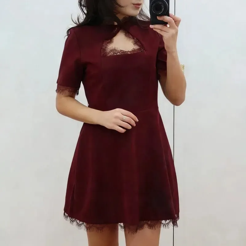Tossy Black Lace Hollow Out Mini Dress Female Patchwork Short Sleeve Sexy High Waist Party Dress Women's Casual Printed Dress — image 8