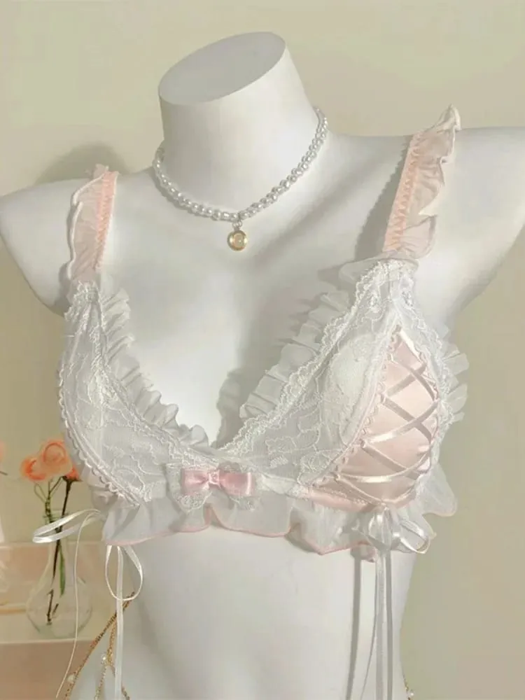 Lolita Style Thin Lace Triangle Cup Bra Set for Women Cute Small Bust Sexy Lingerie Underwear