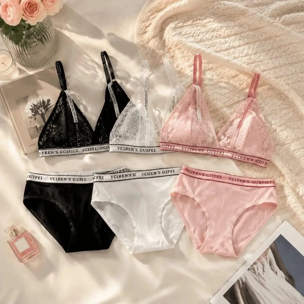 Breathable Letter Design Lingerie Set Deep V Wireless Women Underwear Suit Lace Color Blocking Bra Panties Set Daily — image 3
