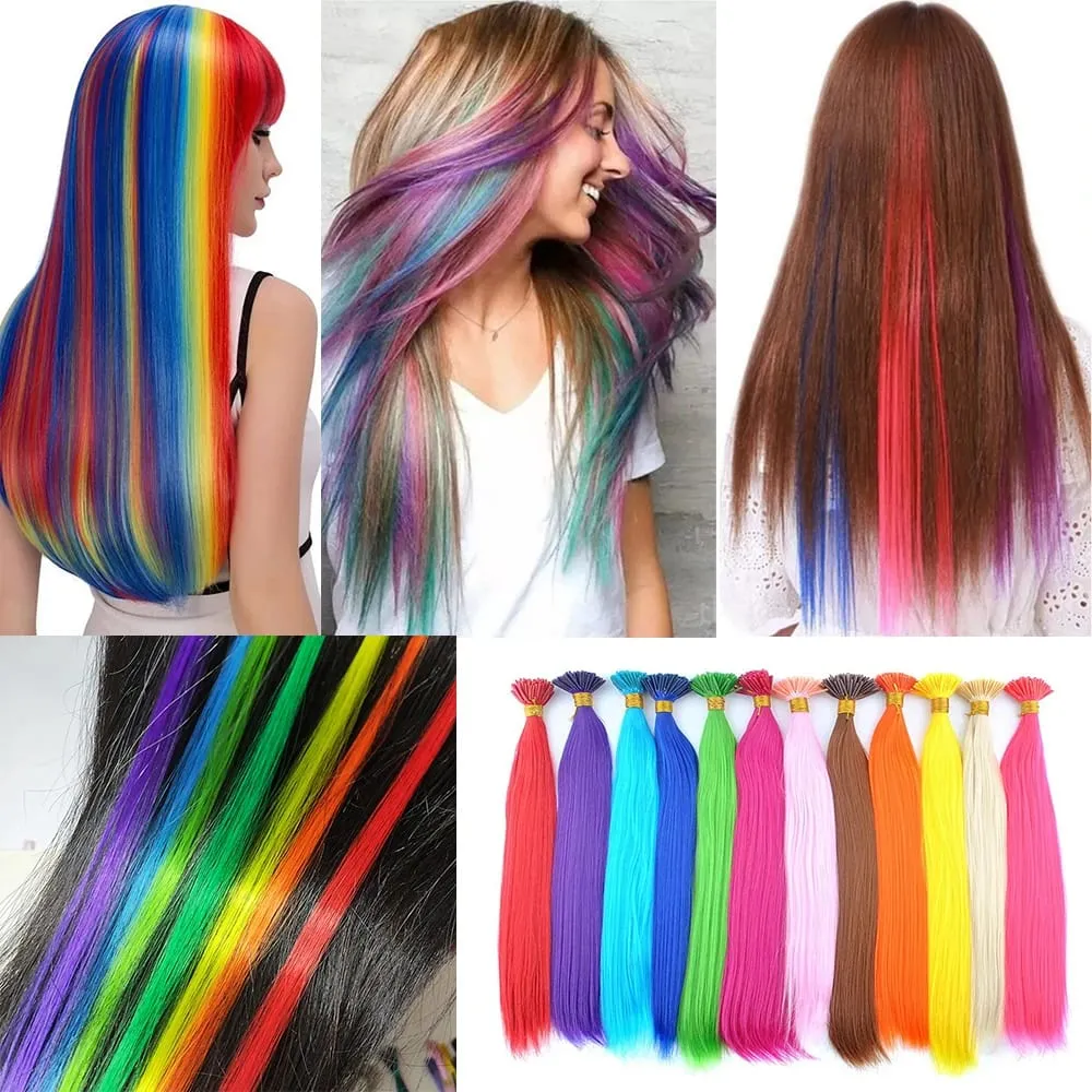 Synthetic Colored I-Tip Stick Hair Extensions Straight Hair 16 Inch For Women High Temperature 10 Strands/Pack Colors