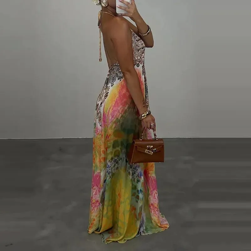 Casual High Waist Evening Party Dress Sexy V-neck Backless Sleeveless Vacation Robes Elegant Bohemian Printed Women Loose Dress — image 5