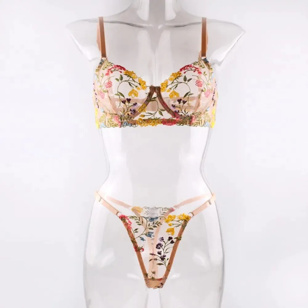 2dílná sada květinového spodního prádla Průsvitné všestranné spodní prádlo Intimky Výšivka Kostice Push-up Bra Kalhotky pro slečnu