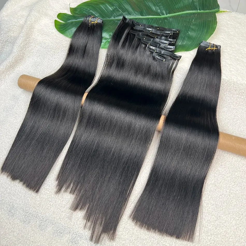 Double Drawn Straight Clip Ins Human Hair Extensions #1B Natural Black Color 100grams 7Pcs/Set Seamless PU Weft Clips in Hair — image 6