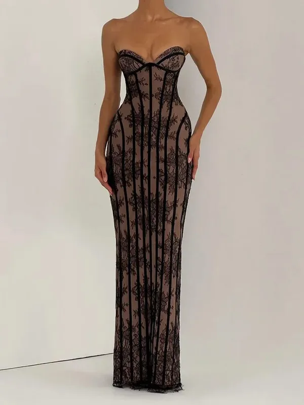 Women Strapless Tulle Fishbone Dress Backless Off Shoulder Printed Patchwork Slim Maxi Dresses 2026 Lady Chic Party Evening Gown