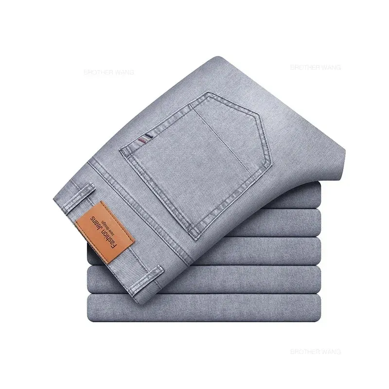 Celana Jeans Melar Katun Ringan Lurus Cocok untuk Pria Merek Musim Panas Celana Pria Jeans Abu-abu Muda Tipis Pinggang Tinggi Kasual Bisnis — image 11