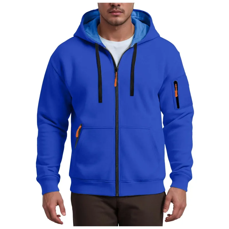 Men's Hoodies Solid Color Loose Zip Up Jacket Arm Zipper Pocket Hoodies Sand Hoodie Men — image 9