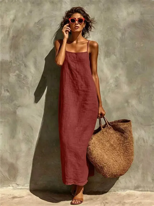 Summer Women Solid Color Casual Comfortable Slip Sundress Sand Beachwear Backless Sleeveless Loose Maxi Long Vacation Dresses