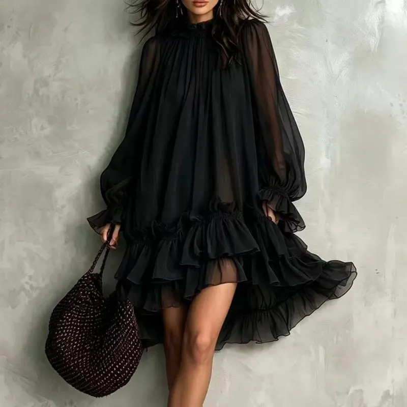 Boho Loose Swing Dress Ladies Ruffle O Neck Lantern Sleeve Multi‑Tiered Ruffle Hem Mini Dress Casual Beach Holiday Short Dresses
